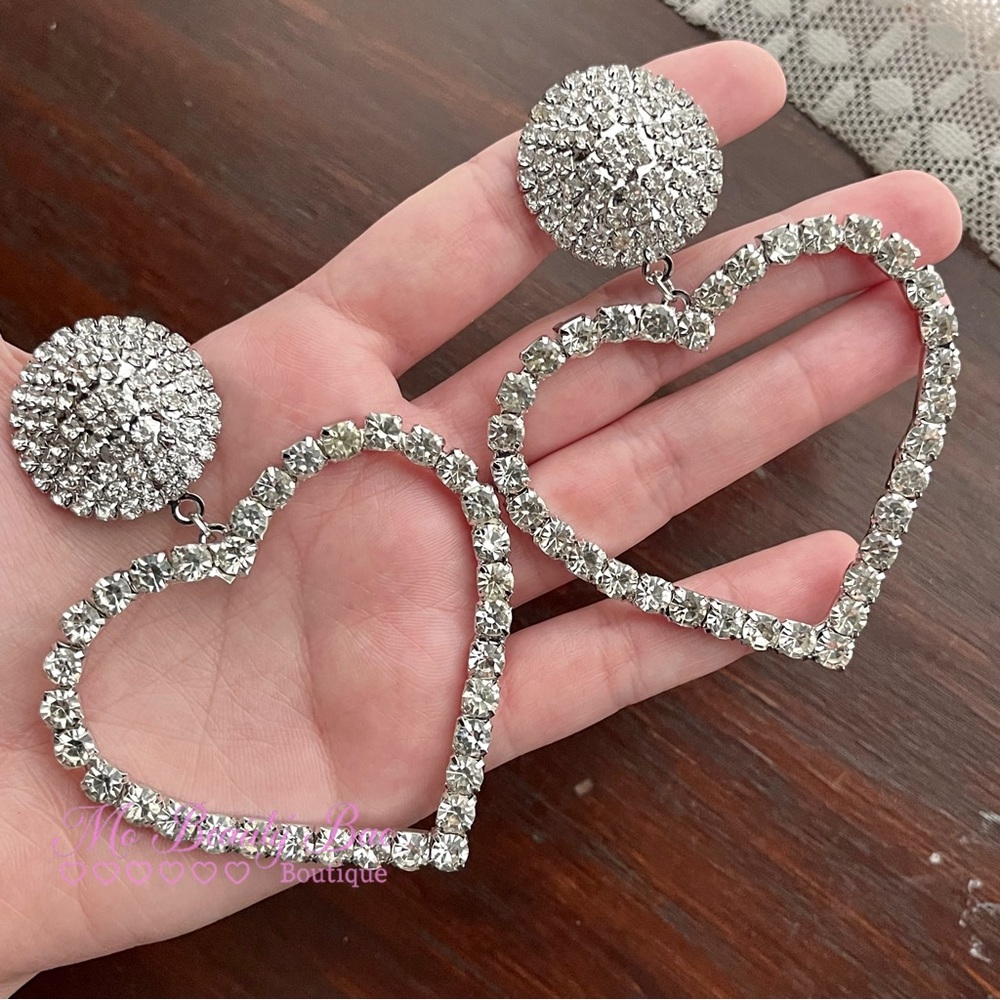 Large Rhinestone Heart Earrings - Picture 1 of 6